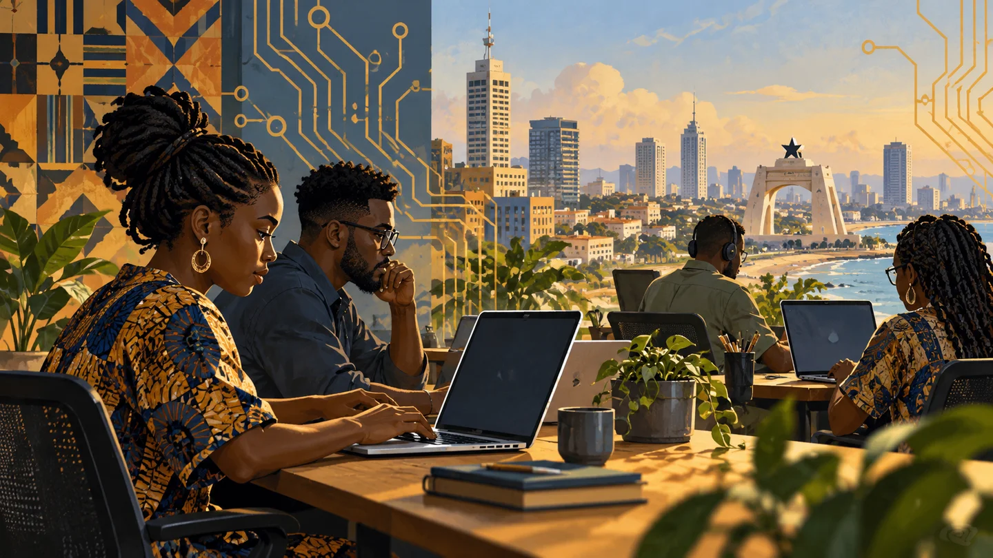 Editorial illustration of a laptop, circuitry and an Accra-inspired skyline