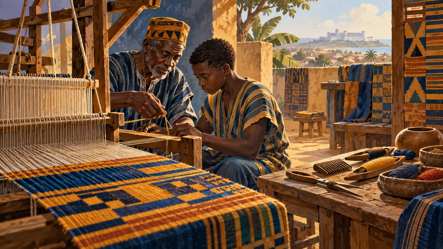 Editorial illustration of a Ghanaian weaving workshop with a loom and apprentice's tools