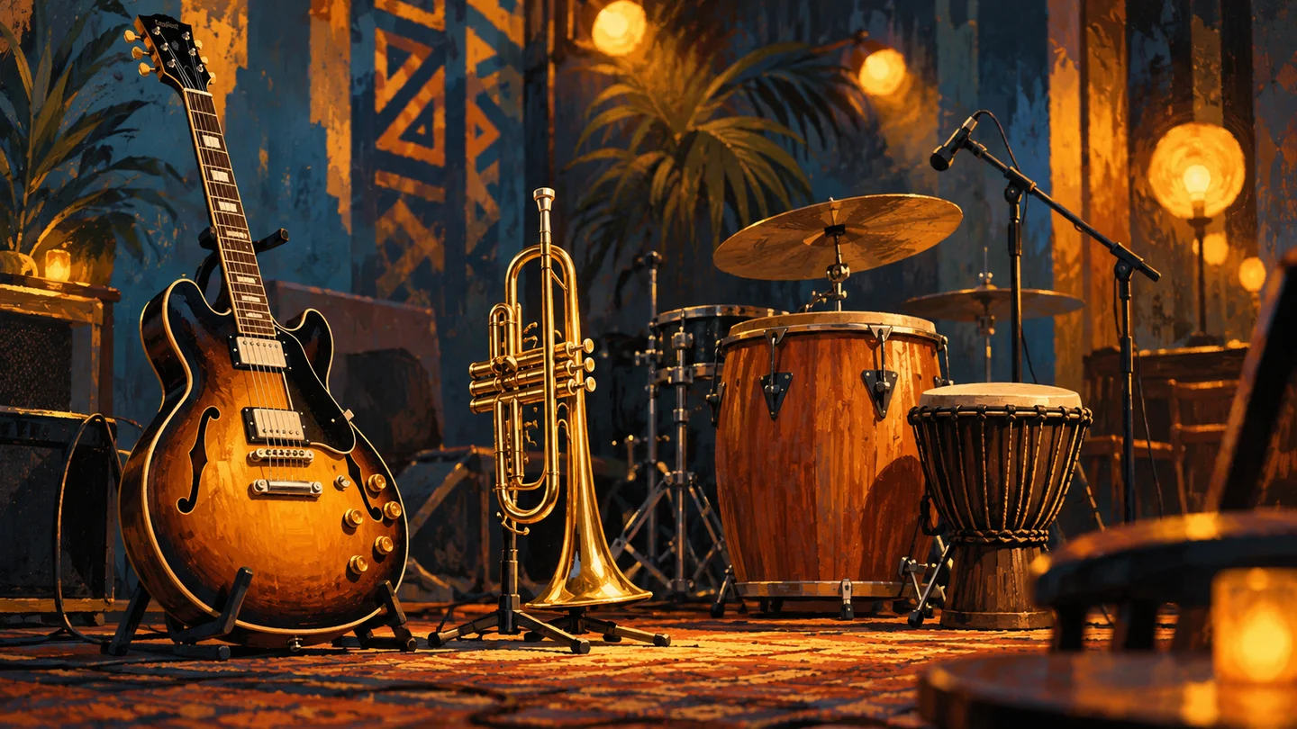 Editorial illustration of a guitar, trumpet and percussion on a warmly lit highlife stage