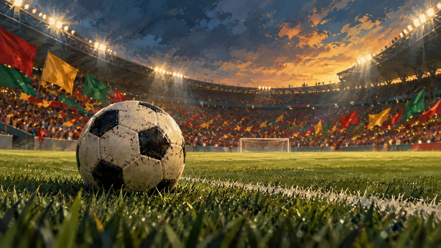 Editorial illustration of a football on a floodlit pitch with Ghana-coloured flags; not a match photograph